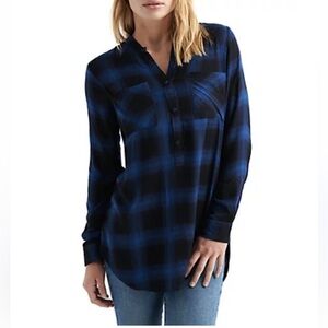 Lucky Brand Black & Blue Plaid Oversized Pullover 1/2 Button Tunic Size Small